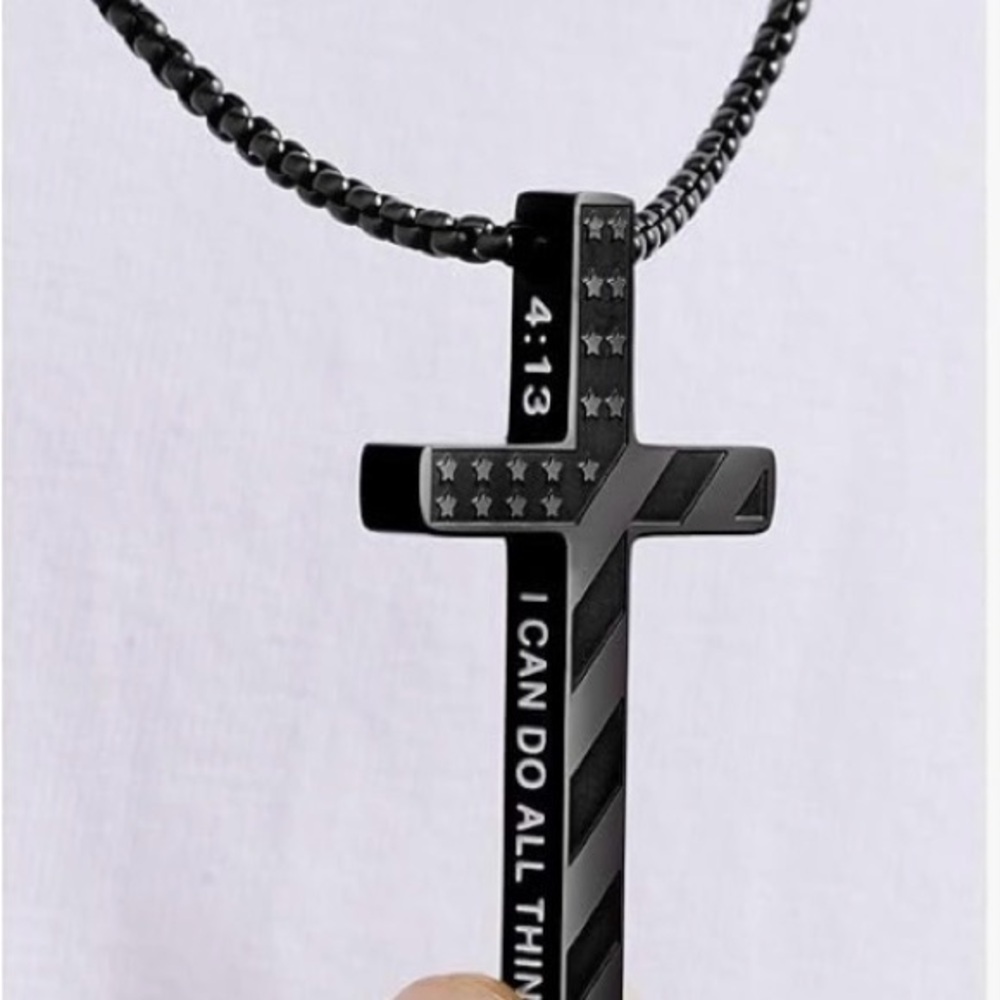 Black Stainless Steel Cross Necklace with Inspirational Engraving